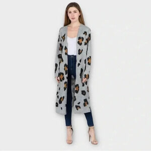 Phil Love Leopard Print Open Front Long Cardigan Women’s Size Medium